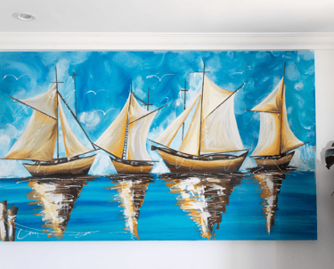 Pintura de barco sobre lienzo, obra hecha a mano en estilo marino contemporáneo, para interiores.
