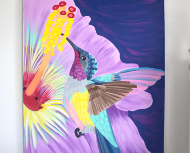Cuadro en lienzo pintado a mano con colibrí multicolor y flor tropical, decoración moderna.