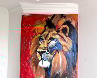 Cuadro en lienzo pintado a mano con león de mirada intensa, arte animal ideal para decoración modern