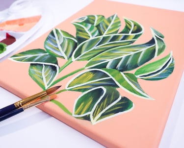 Pintura en acrílico de flores exóticas y hojas verdes, cuadro decorativo hecho a mano para interiore