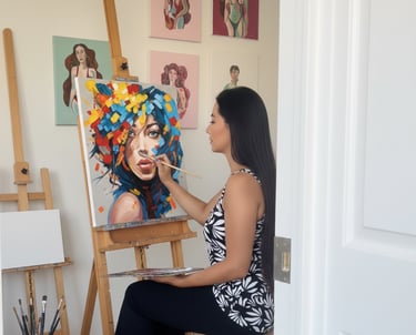 Artista pintando un retrato contemporáneo a mano sobre lienzo en su estudio en Colombia.
