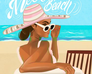 Retrato femenino caribeño, tropical, en playa, con lettering, latino, piel canela.