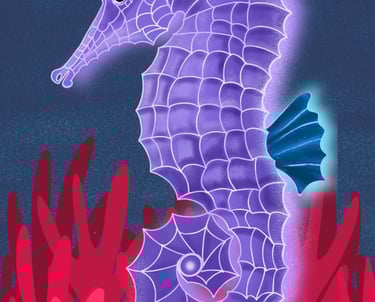 Caballito de mar ilustrado en digital, ilustración del caribe, el mar, animales marinos, tropicales.