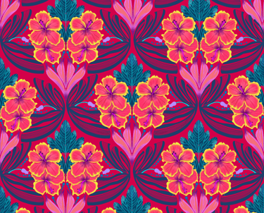 Flores ilustradas en digital con colores llamativos, mezcla de rojo con amarillo.