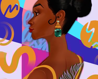 Ilustracion de retrato femenino afro, colorido y caribeño.