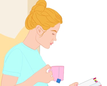 Retrato femenino line art, mujer rubia, leyendo y tomando té.
