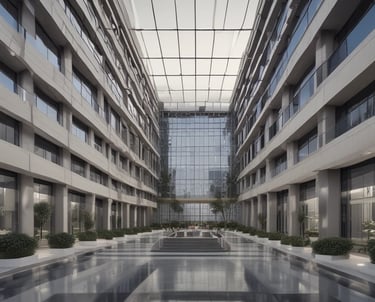 Glass-fronted building with reflections of the sky and nearby structures. Rows of greenery are integrated into the design above the windows. Large text on the building's facade reads 'Transforming Business for Good.'