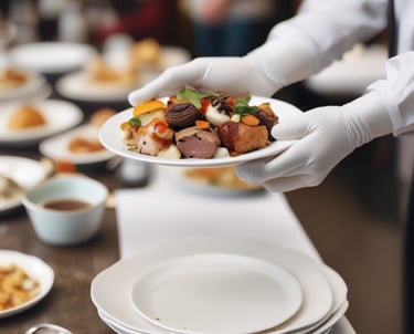 A person wearing a hairnet and dark polo shirt stands at a catering setup, lifting the lid of a chafing dish. Plates are stacked in the background, and the setting appears to be a professional or formal food service environment.