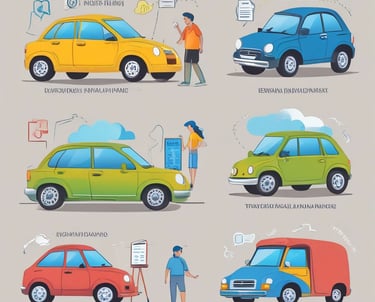 A collage of various insurance icons including cars, homes, and travel symbols.