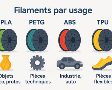 Exemples d'utilisations des differentes matieres utilisés en impression 3D