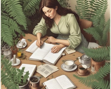 A thoughtful author seated at a desk, surrounded by books and notes.