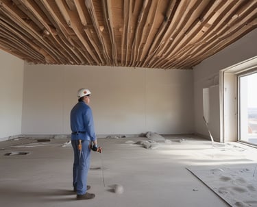 Wide shot of construction workers collaborating on a building site.
