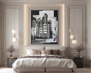 A photo joiner of Lloyds of London hanging above a bed
