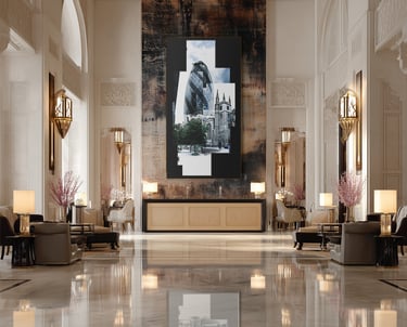 A joiner of the Gherkin in London in a hotel lobby