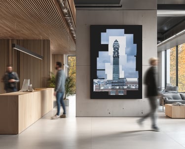 A joiner of the Post Office Tower hanging in a corporate lobby