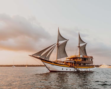 a boat with sails is sailing on the water