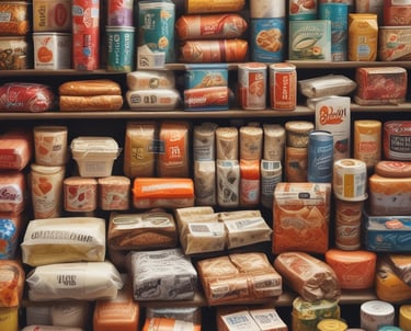 A variety of plastic packaging materials displayed in a warehouse setting.