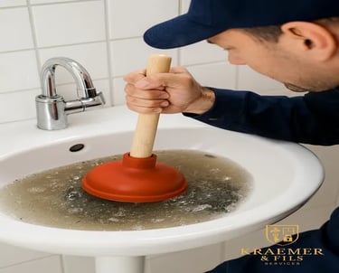 a man in a blue shirt is holding a plunger