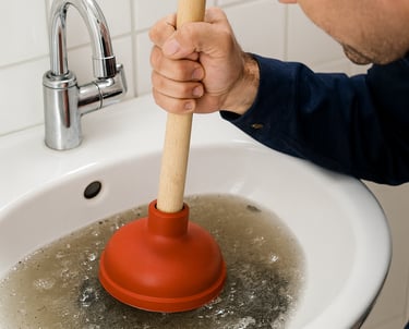 a man in a blue shirt is holding a plunger