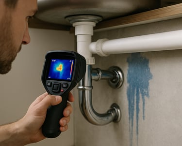 a man in a white shirt is holding a thermal camera