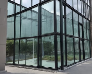a large glass building with a clock on the outside