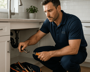 a man in a blue shirt is holding a wrenet