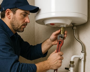 a man in a blue shirt is fixing a tankless water heater
