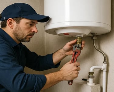 a man in a blue shirt is fixing a tankless water heater