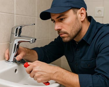 a man in a blue shirt is fixing a sink