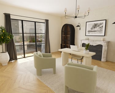 a living room with a fireplace and a fireplace