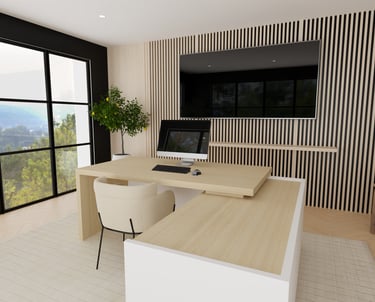 a computer desk with a computer monitor and a monitor