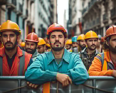a group of men in safety vests and helmets with helmets on