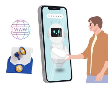 Chatbot virtual saludando a un usuario a través de un teléfono móvil,, representando soluciones