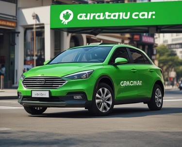 A red city bus is driving down a suburban street with a sign displaying 'We're hiring' on the front. The street is lined with trees on one side and a sidewalk on the other. A traffic sign is visible, and another vehicle follows the bus.