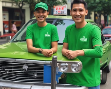 A silhouette of a person, possibly a coach driver, is visible in the foreground while in the background there is a large, white multistory building with multiple windows and the name 'Raiffeisenbank' is prominently displayed.
