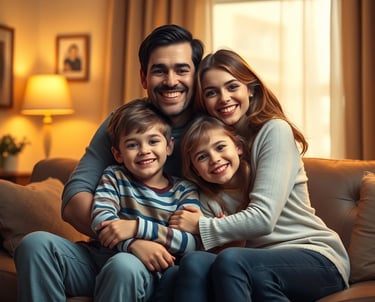 a happy family of a father, mother and thier kids protected with life insurance
