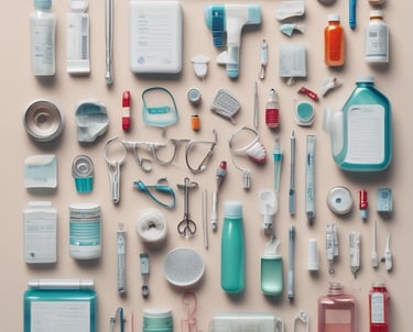 An assortment of medical supplies is scattered on a concrete floor, including syringes, vials, and medical bags filled with other equipment. The items appear to be part of an emergency medical kit or a mobile health unit.