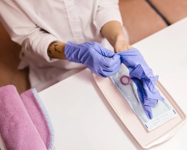 a person in a white shirt is taking off his gloves.