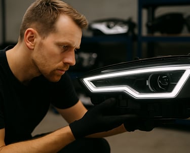 Dalys žibintams, žibintų stiklai, žibintų korpusai, lempų stiklai, lemputės, xenon blokeliai.