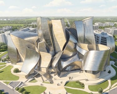 An illustration of a modern deconstructivist building with metallic curved walls and glass facades.