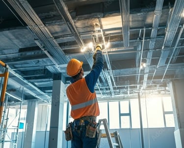 A commercial electrician in Abilene running led lights in a metal frame building