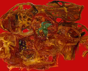 a bunch of dried tomatoes on a red background
