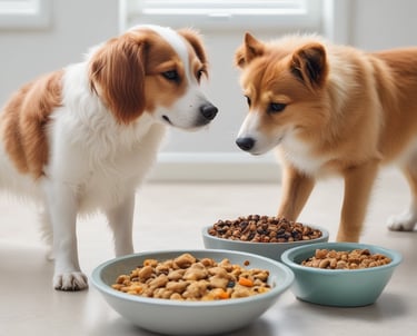 Two dogs are shown sniffing a packet labeled CBD pet chews held by a person. The dogs are wearing collars and leashes, and one of the dogs is brown with a black collar while the other is a mix of white and brown with a pink collar. The background is a gray pavement.