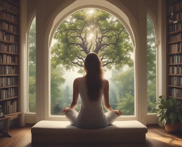 A group of people engaged in a spiritual or meditative practice, sitting in a row with hands raised in prayer or meditation gestures. The setting appears to be outdoors with a natural backdrop and metal fencing. The atmosphere is serene and focused.