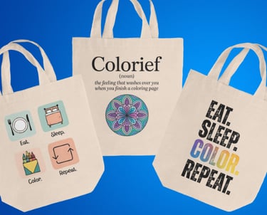 three tote bags with a colorful design