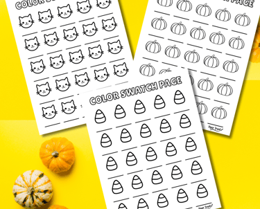 3 swatch pages for coloring books depicting cats, pumpkins and candy corn