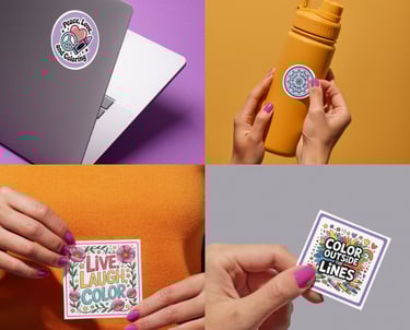 4 Sticker Designs Placed on a laptop and a water bottle and being held by a woman's hands