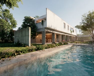 Casa moderna, minimalista y contemporánea, vista desde la pileta, el patio y la integración con la galería. 