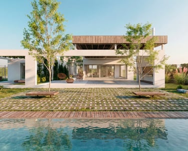 Vista desde la pileta hacia la galería conectada al interior mediante patio interno y grandes ventanales.arquitectura moderna
