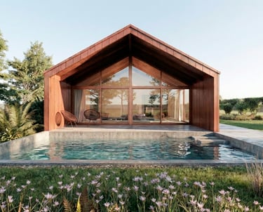 Vista desde pileta hacia casa con grandes ventanales y galería integrada. arquitectura con sentido. 